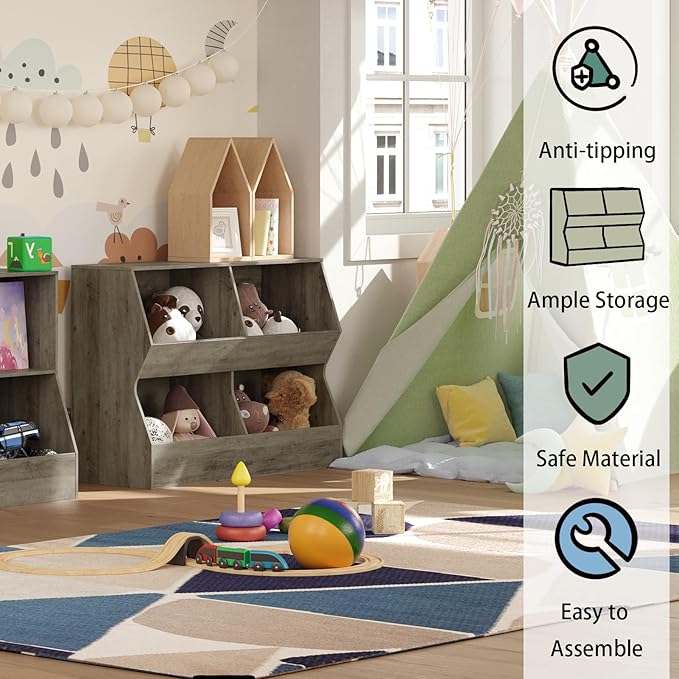 DINZI LVJ Kids Bookshelf, Toy Storage Organizer, Wooden Toy Storage Cabinet, 4 Cubby Children Bookcase, 39.4" L Toddler Book Shelf for Bedroom, Nursery, Hallway, School, Gray Wash