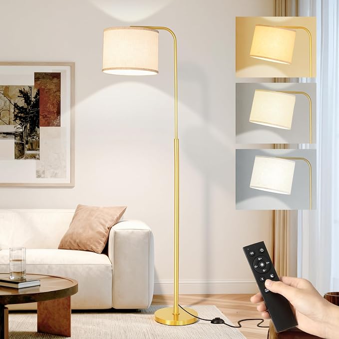 Floor Lamp for Living Room and Bedroom - Modern Standing Lamps Tall with Dimmable LED Bulb and Remote Control - Black Stand Arc Light With Shade for Reading Home Decor Corner and office（Gold）