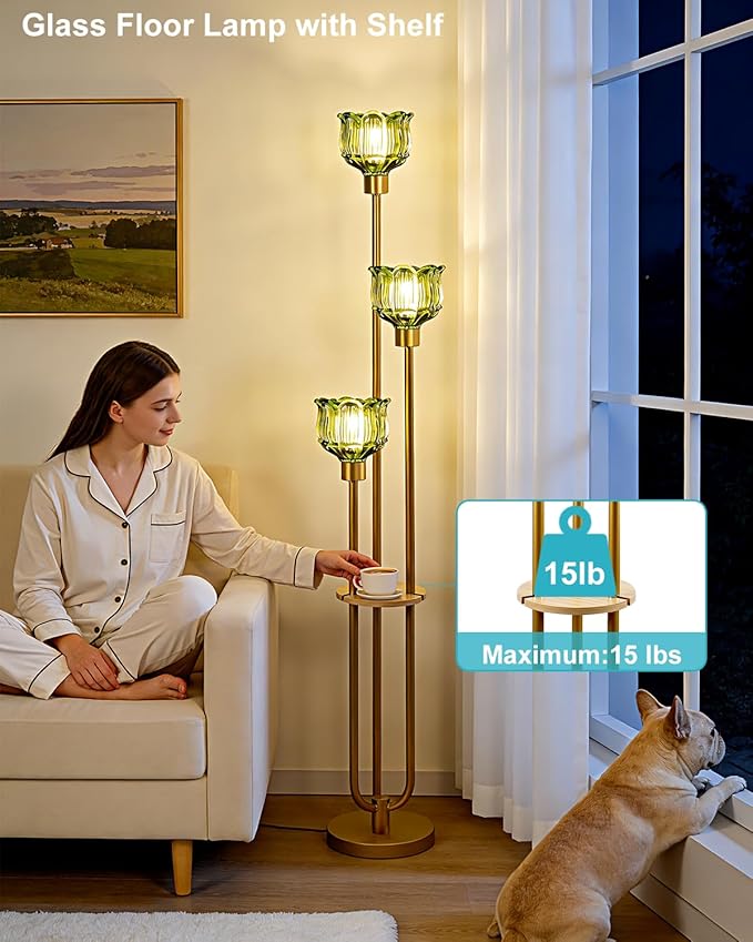 Lightdot Glass Floor Lamp for Living Room 3-Lights Modern Gold Floor Lamp with Green Glass Shade 3000K Bulbs Included Unique Tall Standing Lamp with 5Lb Heavy Base for Bedroom/Sofa Beside/Corner Decor