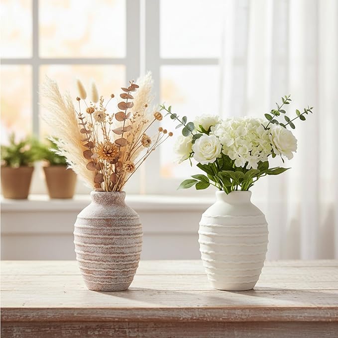 Rustic Ceramic Flower Vase,6.9 Inch Pottery Farmhouse Vases for Home Decor Boho Terracotta Vase Decorations Vintage Floral Vase Decor for Living Room,Table,Bedroom,Shelf,Mantel,Kitchen-Warm Sand Beige