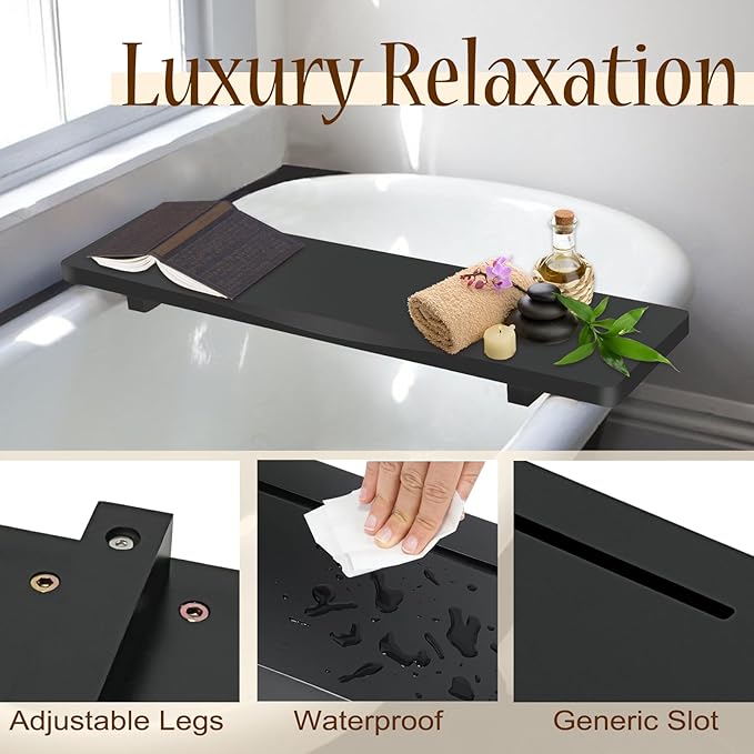 Stylish Black Bamboo Bathtub Tray Caddy with Adjustable Legs, Minimalistic Design Bath Tray for Tub, Bathtub Accessories, Fits Most Free Standing Bath Tubs, Idea for Women