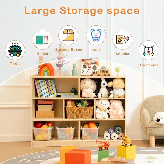 Wooden Kids Bookshelf and Toy Storage Organizer, 3-Tier Montessori Shelf, 7-Section Storage Cabinet, Birch Bookcase Book Shelf for Kids Room, Nursery, Classroom, Playroom - Natural
