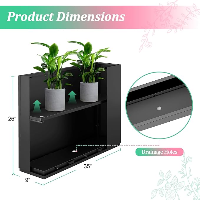 Metal Planter Box Rectangular Planter Box with Drainage Hole, Outdoor Large Planters, All-Weather Use, Rust-Resistance, for Flowers Plants, 35.4" L × 9.1" W × 25.6" H, Black