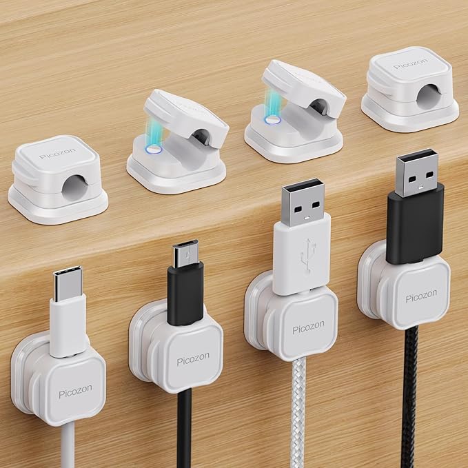 8 Pack Magnetic Cable Clip Organizer Cord Holder, Picozon Adhesive Cable Management, Wire Phone USB Charger Cable Holder, Keeper Organizer for Office Home Desktop Table - White