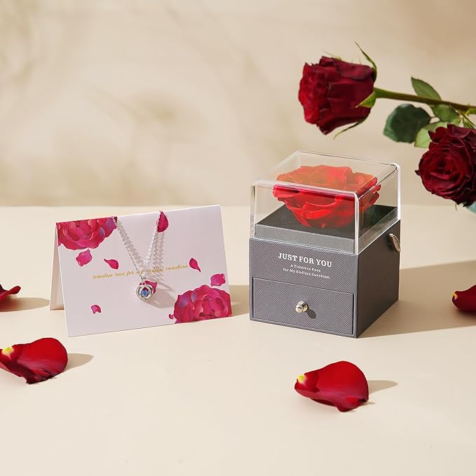 ADDWel Eternal Rose Gifts for Her - Preserved Rose with Silver Heart Pendant Necklace for Wife Girlfriend Mom | You are My Sunshine Music Box for Women - Perfect on Valentines, Birthday, Anniversary
