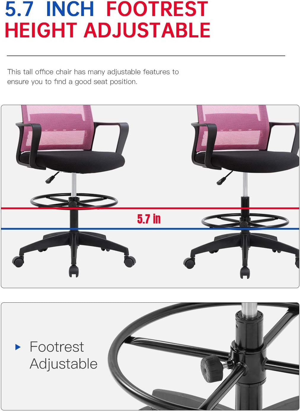Skiennix Drafting Chair - Adjustable Tall Office Chair with Lumbar Support & Footrest | Pink