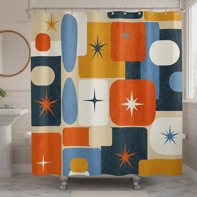 Mid-Century Modern Geometric Shower Curtain, Retro 1950s Atomic Starburst & Abstract Shapes, Vintage Orange Navy Blue Mustard Yellow Aesthetic Bathroom Decor, Waterproof Fabric, 72x72 Inch.