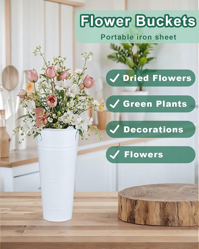 9 Inch Galvanized Metal Vases for Flowers - 6 Pcs Farmhouse Decorative Tall Flower Bucket with Handles, Rustic French Tin Planter Buckets for Wedding Decor (Pure White)