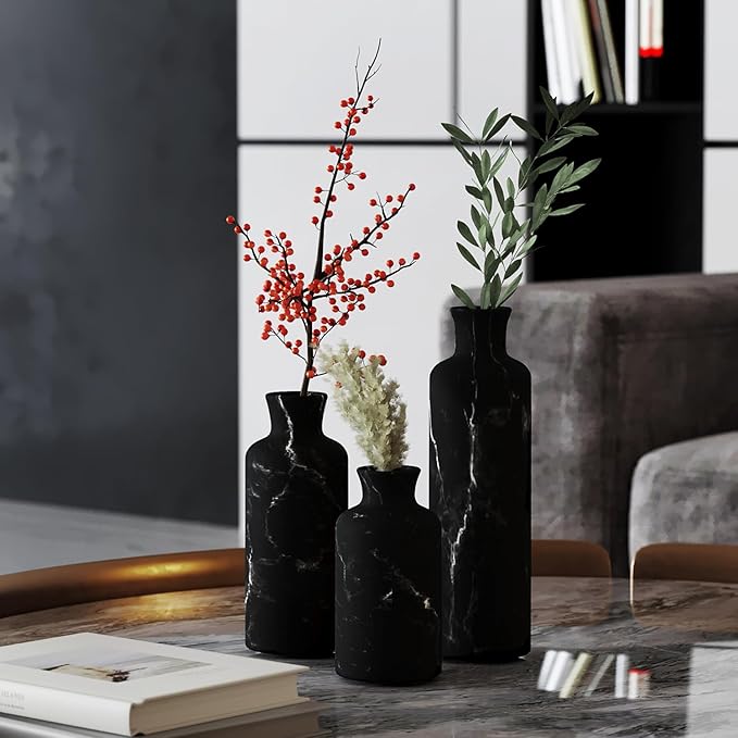 Creative Scents Black Marble Look Vase Set - Vases Home Decor, Premium Quality for Holding Pampas Grass, Dried/Fresh Flowers, Vases for Decor - Kitchen, Bedroom, Office, Living Room, or Shelf Decor