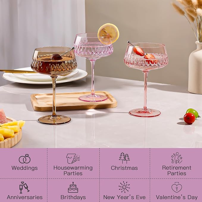 JOVGANK Colored Martini Glasses Set of 6 - Hand Blown Colorful Cocktail Glass 14Oz, Vintage Champagne Coupe, Large Margarita, Crystal Retro Style Bar Drinking Glass - Mixed Color