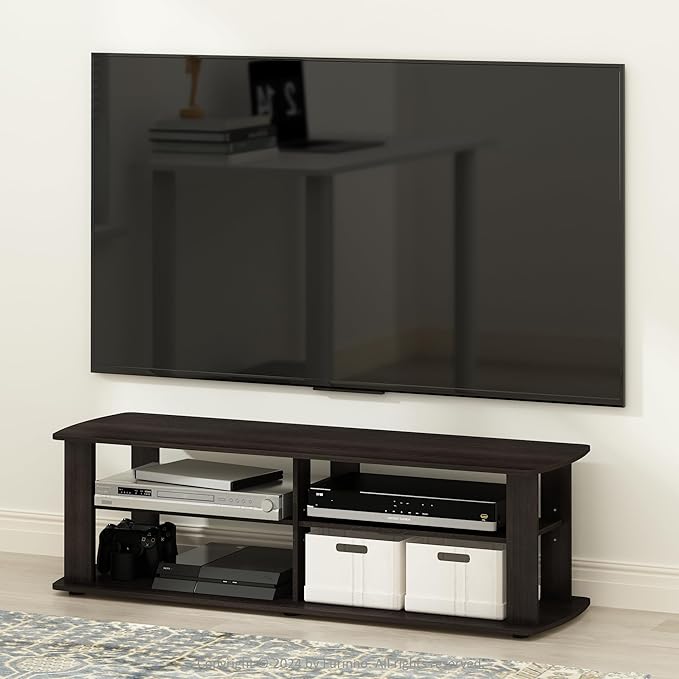 Furinno NELLY TV Stand, 3-Tier Entertainment Center with Open Shelves Storage, TV Console for TV up to 50 Inch, Soft Edges, for Living Room, Bedroom, Dark Brown
