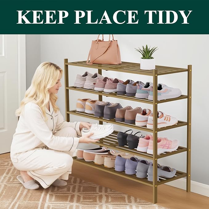 Smiry Long Bamboo Shoe Rack 5-Tier, Stackable Wooden Shoe Organizer for Entryway & Closet, Free Standing Wood Shoe Storage Shelf for Front Door & Small Spaces, Walnut