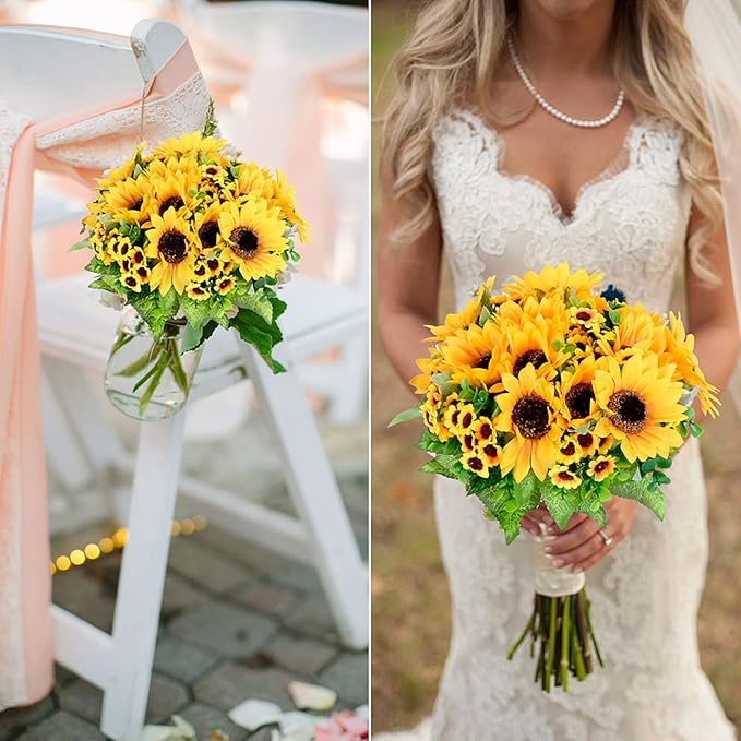 Lvydec Artificial Sunflower Bouquet, 2 Bunches Silk Sunflowers Fake Yellow Flowers for Home Decoration Wedding Decor (2 Pack)