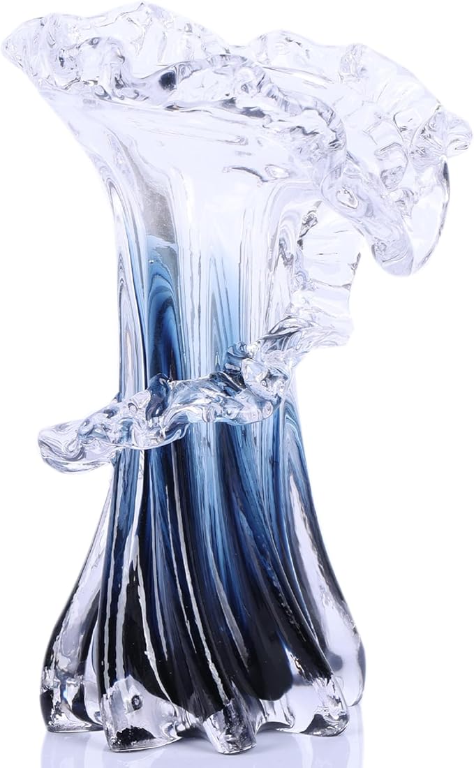 8.1" H Blue Ocean Wave Vase, Blown Glass Vase, Unique Modern Art Beautiful Hand Blown Coastal Centerpieces for Living Room, Bedroom, Office Desktop, Coffee Table, and Wedding Decorative (S)