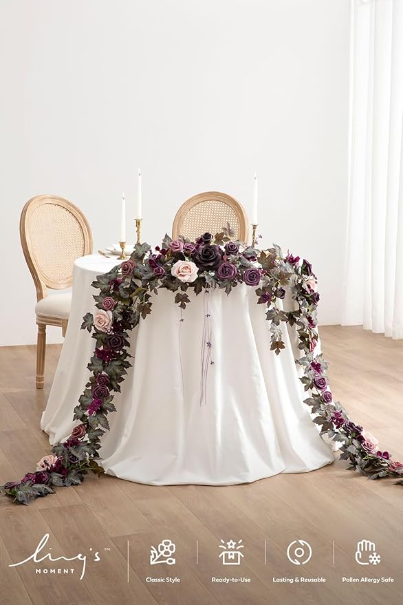 Ling's moment 9FT Flower Garland for Backdrop Decorations - Wedding Arch Flowers, Eucalyptus & Rose, Artificial Floral Garland for Mantle - Sweetheart Table Decor for Beach Reception, Purple
