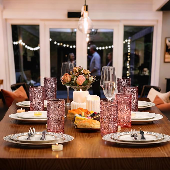 Darlion Pink Drinking Glasses, Highball Glass Cups, Pink Glassware, Drinking Glasses Set of 8, Vintage Water Cups for Party Wedding Gift