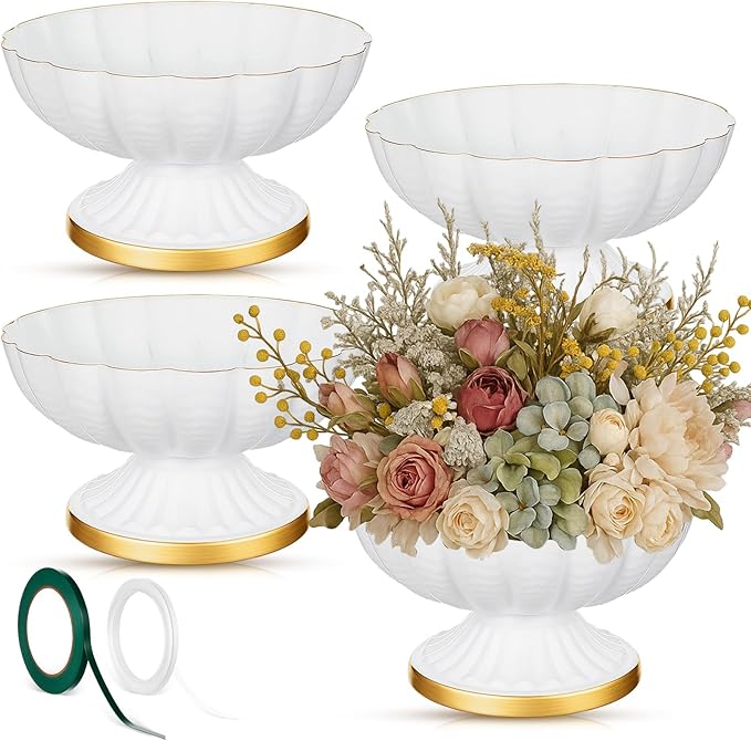 4 Pcs Metal Compote Bowl for Centerpiece Flower Holder Small Compote Vase Indoor Outdoor Flowers Fruits Plant for Christmas Wedding Home Party Decoration (Medium,White)