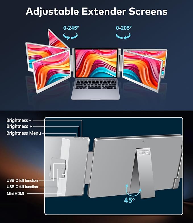 FQQ 15.6" Laptop Screen Extender, Left Screen 360° Flip Triple Screen Monitor Extender, FHD 1080P IPS Portable Travel Monitor Display, fit for 12–18.5" Laptops, Compatible with Windows and MacBook-S10