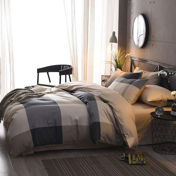 Queen Comforter Set - 3 Pieces Soft Bedding Plaid Vintage Style Checkered Gingham for All Seasons - 1 Comforter and 2 Pillowcases
