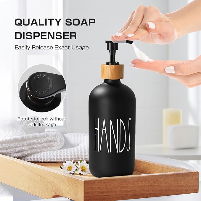 Matte Black Bathroom Accessories Set, 5 Pcs Glass Bathroom Accessory Set with Bamboo Tray, Soap Dispenser and Toothbrush Holder Set, Qtip Holder Set, Farmhouse Boho Bathroom Set Complete