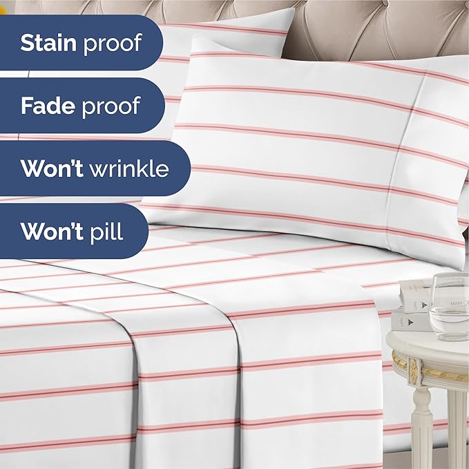 Striped Sheets - Red & White Striped Sheets - 1 Flat & 1 Fitted & 2 Pillowcases w/ Deep Pockets – Wrinkle & Fade Free - Ultra-Soft, Breathable & Cooling – Luxury Pinstripe Bedding - Queen Size Bed Set