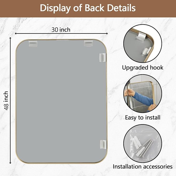 Gold Mirror, 48x30 Inch Framed Rectangle Mirror with Rounded Corner, Brushed Brass Mirror, Gold Bathroom Mirror for Over Sink, Vanity, Living Room, Bedroom, Horizontal/Vertical
