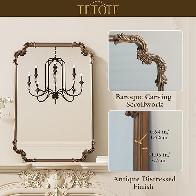 TETOTE Baroque Gold Antique Brass Scroll Wall Mirror 40 x 30 Vintage Rectangle Framed Baroque French Rectangular Mirror for Mantle Fireplace Bathroom Living Room, Horizontal/Vertical