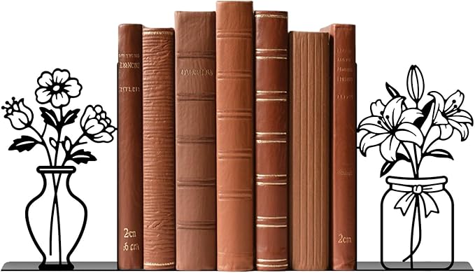 Metal Flower Book Ends Flower Vase Bookends Decorative Book Ends for Shelves Bookshelf Home Office Desk Bookshelf Decor Gift for Reading Enthusiasts