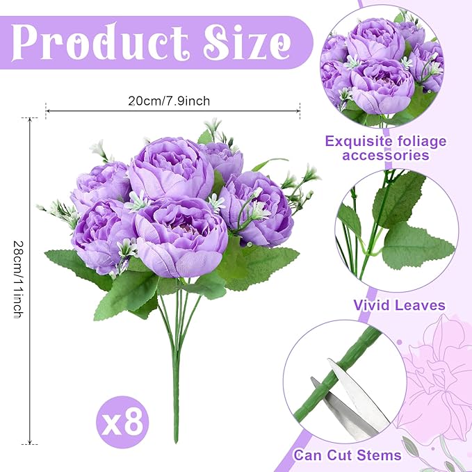 8 Pack Purple Peonies Artificial Flowers, Fake Silk Hydrangea Bouquet for Bridal Wedding Home Table Decor Reusable Dining Opening Ceremony Birthday Arrangement Faux Floral