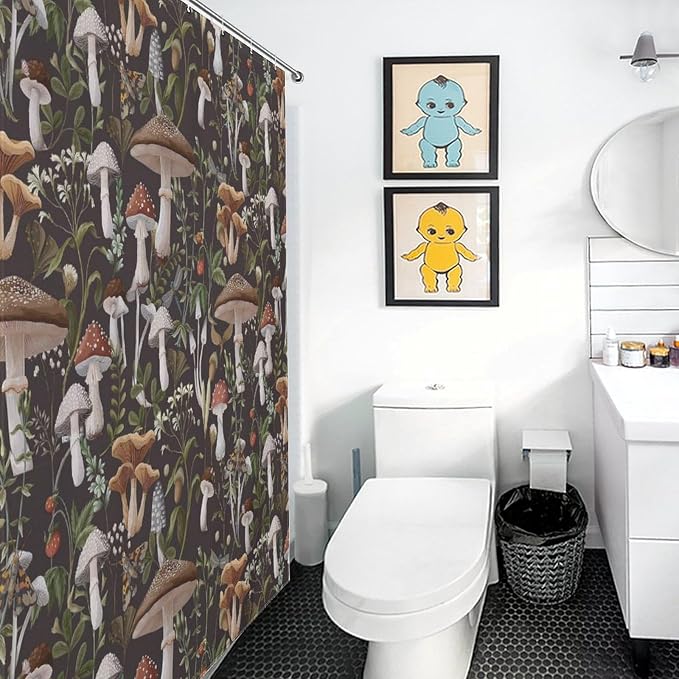 Mushroom Shower Curtain, RFarmhouse Country Wild Floral Botanical Mushroom Cottagecore Nature Plants Leaves Herbs Black Waterproof Fabric Bathroom Shower Curtain Set with Hooks, 72"x78" Inch