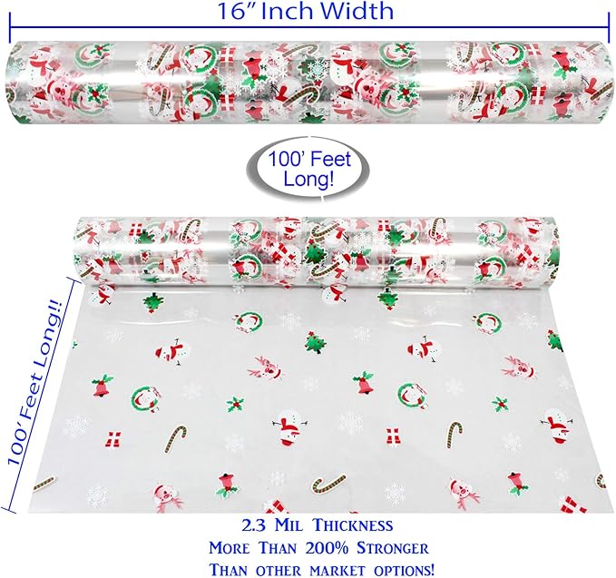 AnapoliZ Christmas Cellophane Wrap Roll | 100’ Ft. Long X 16” in. Wide | 2.3 Mil Thick, Crystal Clear with Christmas Designs| Gifts, Baskets, Treats, Cello Wrapping Paper | Santa, Snowman Cello Roll