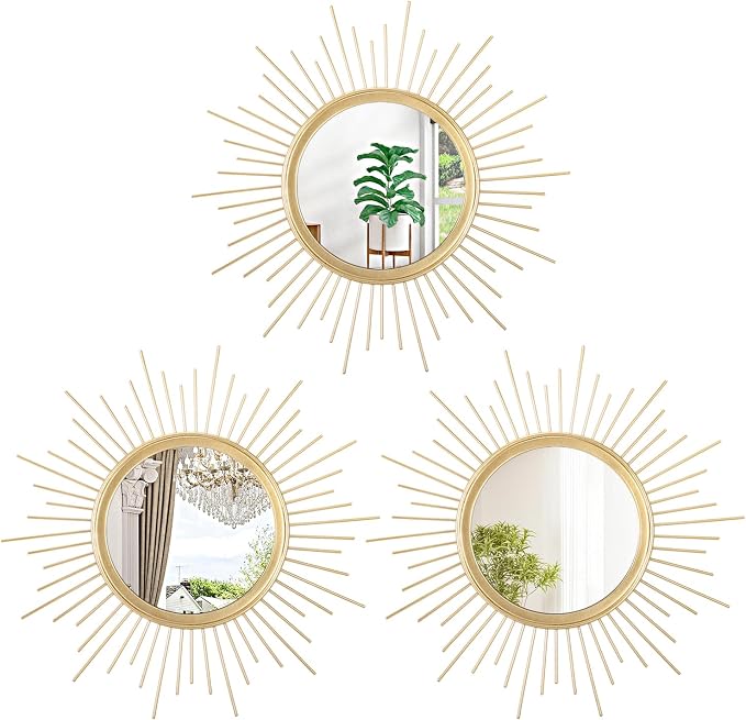 3 Pack Metal Mirrors for Wall Gold Sunburst Wall Mirrors Home Décor Art Decorative Modern Bohemian Hanging Wall Art for Living Room Bedroom Bathroom Entryway Small 12''