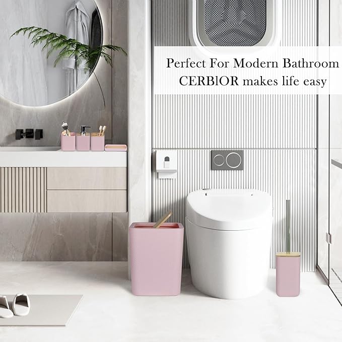 CERBIOR Bathroom Accessories Set 6 Piece Bamboo Bath Ensemble Includes Soap Dispenser, Toothbrush Holder, Toothbrush Cup, Soap Dish for Decorative Countertop and Housewarming Gift (Pink)