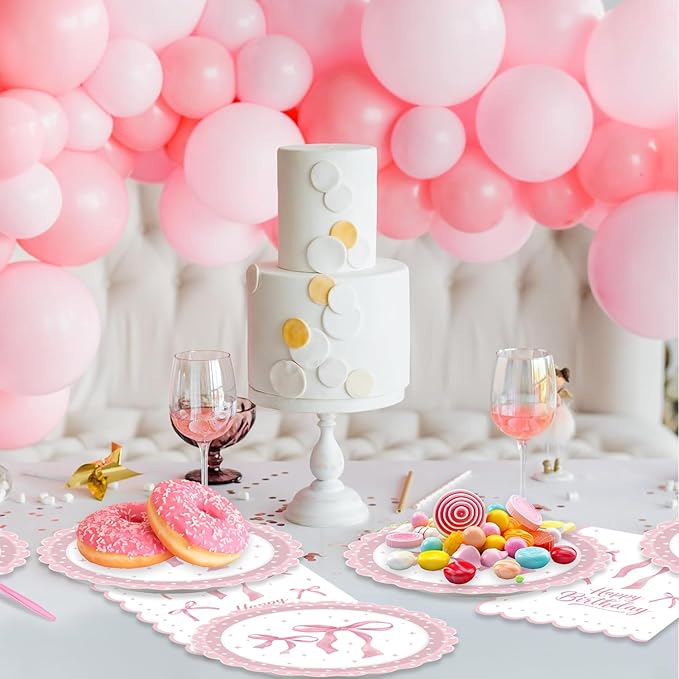 40Pcs Pink Bow Birthday Decorations Pink Bow Plates and Napkins Set Party Supplies for Baby Shower Decor Bachelorette Coquette Birthday Decorations for Girl
