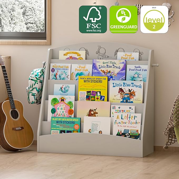 NACHES 5-Tier Kids Bookshelf - Toddler Book Display Shelves, Montessori Bookshelf for Kindergarten, Nursery, Bedrooms, Classrooms - Wooden Children Book Display, Grey