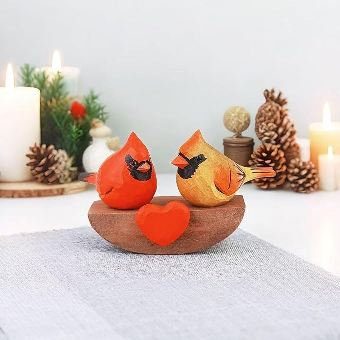 Handmade Wooden Cardinal Figurines on Heart Base - Set of 3 Hand-Carved Male & Female Red Bird Statues - Romantic Couples Gift for Anniversary, Valentine's Day, Wedding & Home Decor Accents