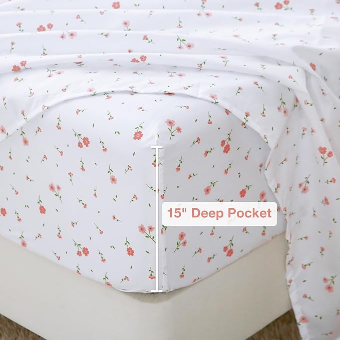 Softan Pink Floral Full Sheet Set Flower Printed Bed Sheets Double - 4 Piece Microfiber Patterned Fitted Bed Sheets with 15" Deep Pocket & Straps, Cozy Cute Pink Sheets and Pillowcase Set
