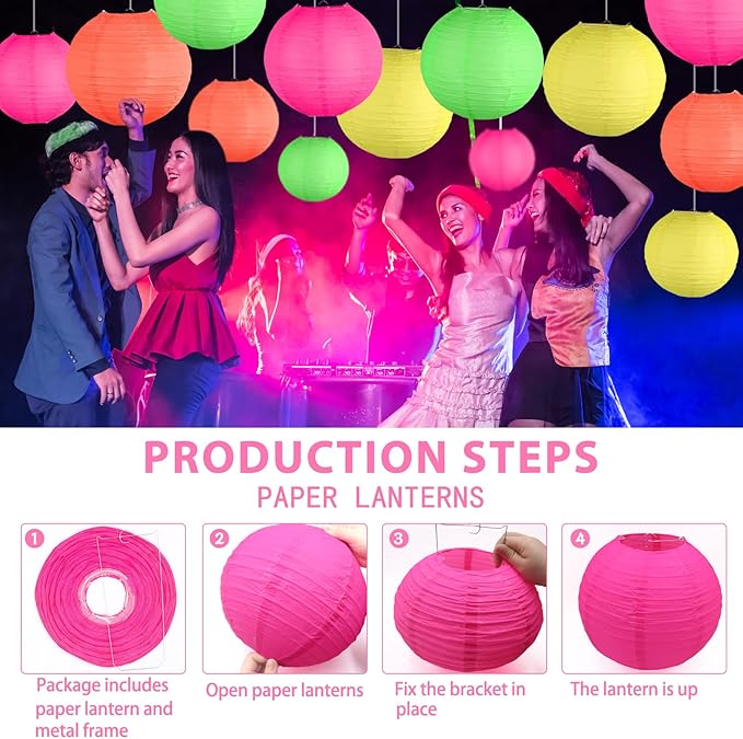 Glow in The Dark Party Supplies, Neon Party Decorations, Colorful Round Hanging Paper Lanterns Decorations for Neon Themed Birthday Wedding Baby Shower Home and Bar Decor, 15Pcs