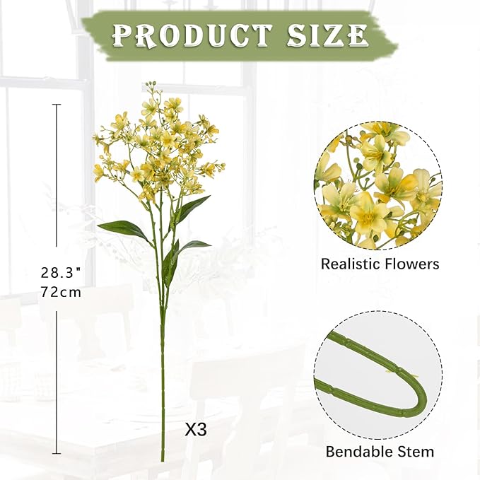 Hollyone Artificial Daphne Flowers with Long Stem 3Pcs Faux Light Yellow Flowers 28.3” Fake Autumn Fall Silk Flowers Piacks Bouquet for Floral Arrangement Wedding Party Centerpiece Table Home Decor