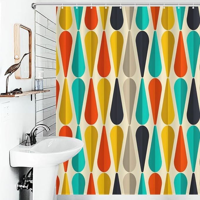 Mid Century Modern Shower Curtain,Colorful Abstract Geometric Drop Shapes Art Style Shower Curtains Set for Bathroom Fabric Decorative Bath Curtain Washable Curtain Hooks, 72x72 inch