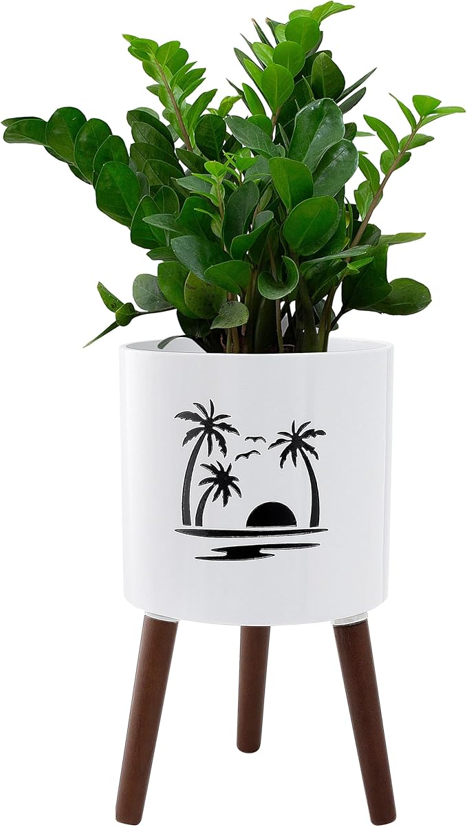 12Inch Planter Pot with Stand, Planter for Indoor Plants, Modern Large Flower Planter Pot with Drainage Holes for Outdoor White & Black Palm