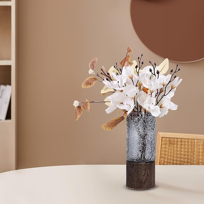 Wooden Vase, Glass Vase with Wooden Base Cylindrical Flower Vase, Classic Boho Rustic Style for Fireplace Bedroom Kitchen Living Room Centerpieces Office Desk, 10" H (Cold Grain)