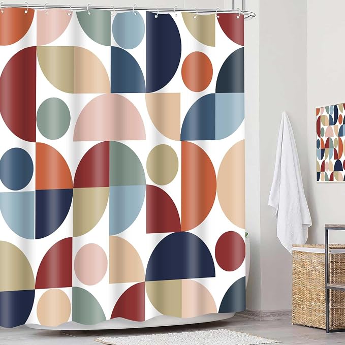 Mid Century Colorful Geometric Shower Curtain Vintage Rainbow Abstract Art Bathroom Curtain Decor 72x72 Inch Washable Fabric Retro Bright Boho Circle Patterned Bath Curtain with 12 Hooks
