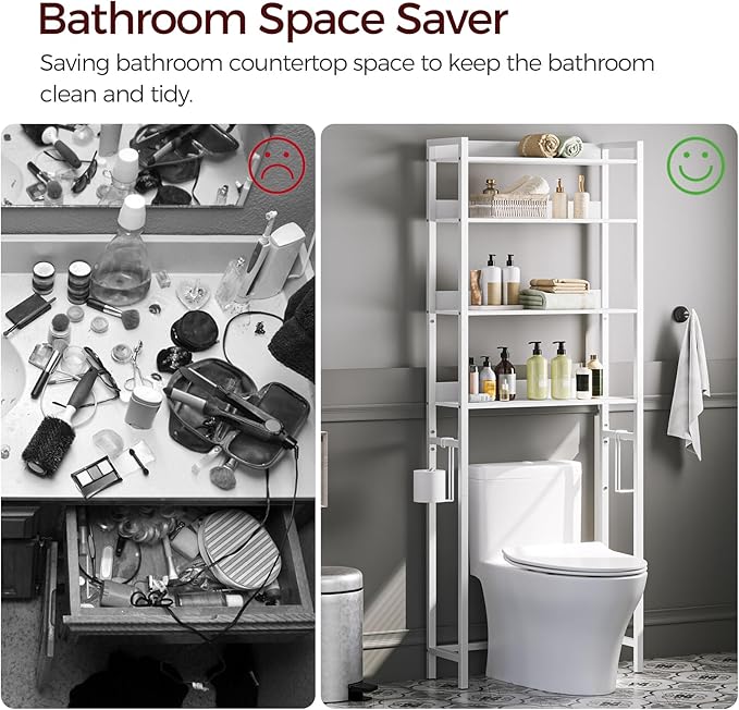 MAHANCRIS Over The Toilet Storage Rack, 4 Tier Bathroom Organizer Over Toilet, Freestanding Space Saver Toilet Stand with 2 Hooks, Bathroom Storage Shelf, Easy to Assemble, White TSBW0401