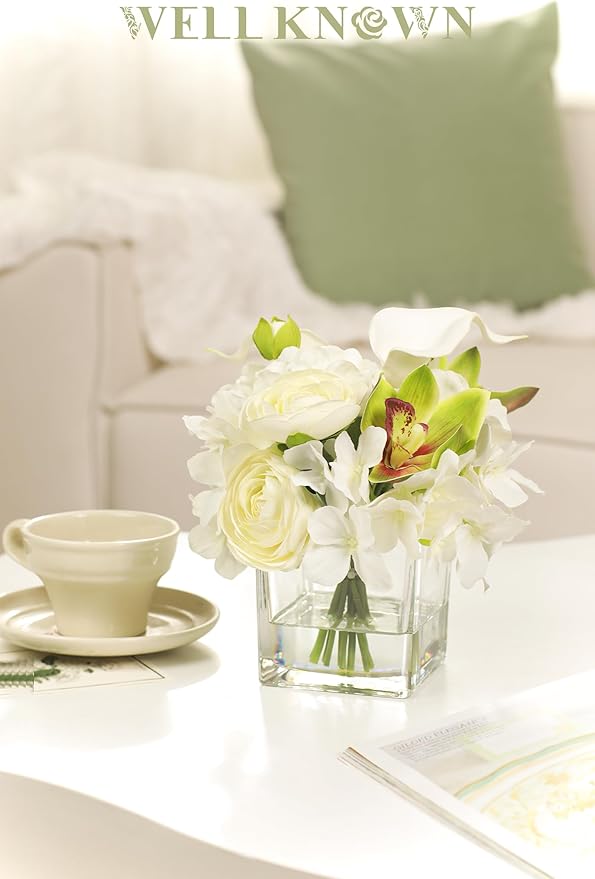 WELL KNOWN Fake Flowers in Vase, Mixed Artificial Flower with Fake Water in Glass Vase Realistic Hydrangea Calla Lily Ranunculus Silk Faux Floral Centerpiece for Coffee Dining Table Office Decor White