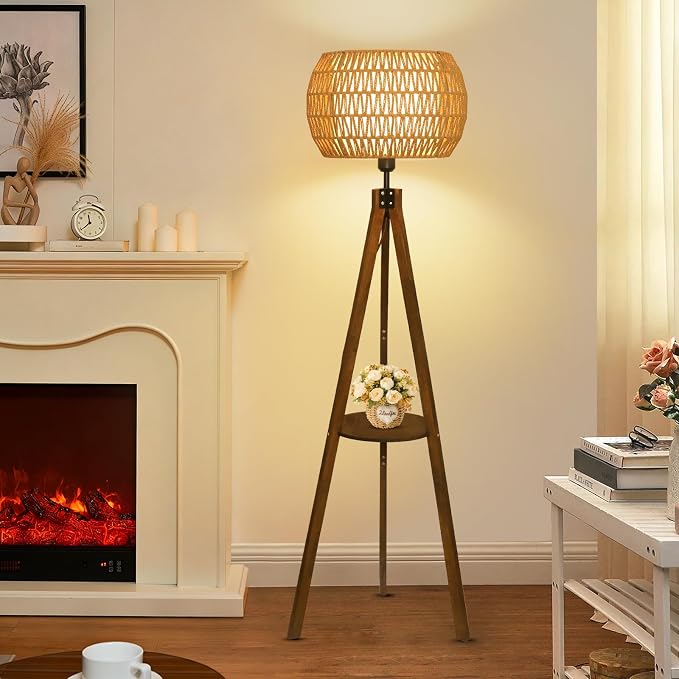 LAMSU Boho Tripod Floor Lamps for Living Room, Wood Floor Lamp with Shelf, Mid Century Modern Standing Lamp with Rattan Shades, Foot Switch, Rustic Farmhouse Tall Lamps for Bedroom Office, Brown