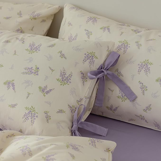 EAVD Lavender Floral Duvet Cover Queen Soft 100% Cotton Chic Lilac Floral Bedding Set with 2 Pillowcases Fresh Garden Botanical Duvet Cover with Zipper Closure