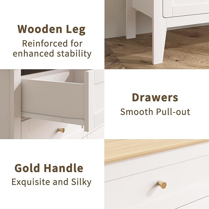 6 Drawers White Dresser for Bedroom, 47" Wide Wood Modern Chest of Drawers, Shaker Style, Modular Dresser TV Stand for Bedroom, Living Room, Hallway (White)