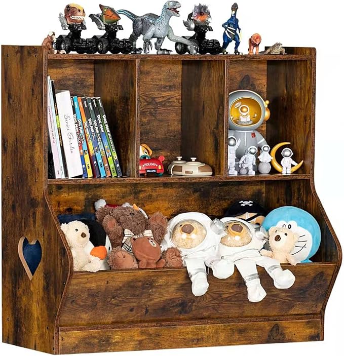 Lerliuo Kids Toy Storage Organizer, Children Small Bookcase and Bookshelf, Toddler 4 Cubby Toy Storage Cabinet, Toy Shelf for Playroom, Bedroom, Living Room, Nursery, School 29.53'' H (Brown)