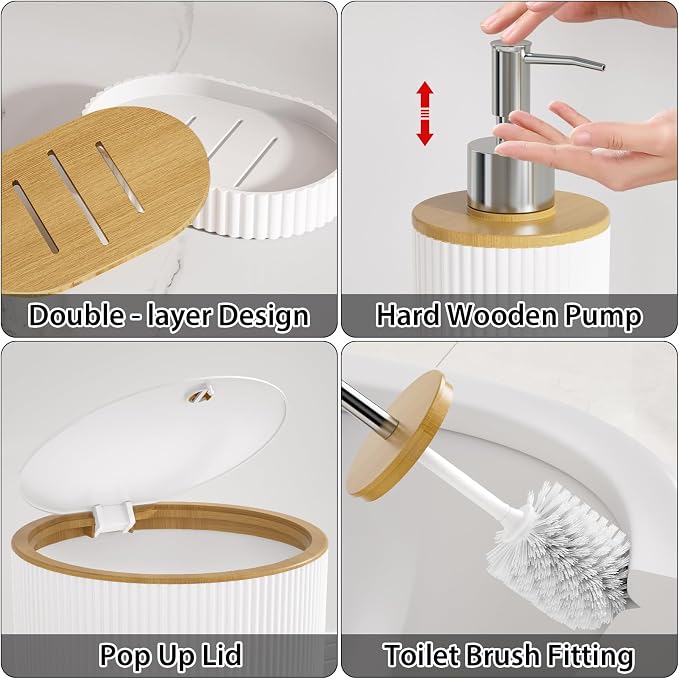 10PC Bathroom Accessories Set - White and Wooden Bathroom Sets, Bathroom Accessory Set with Pop Up Trash Can, Toilet Brush, Trash Can, Qtip Holder & Soap Dispenser